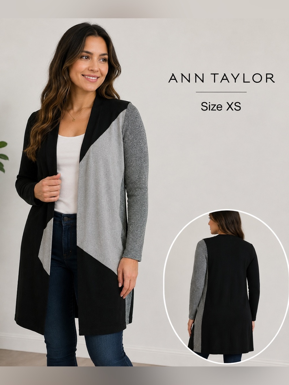 Ann Taylor XS Colorblock Open Front Long Cardigan Sweater Black Gray minimalist